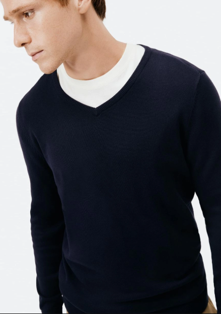 Suéter Básico Hering Masculino Regular Gola V Em Tricô - Azul