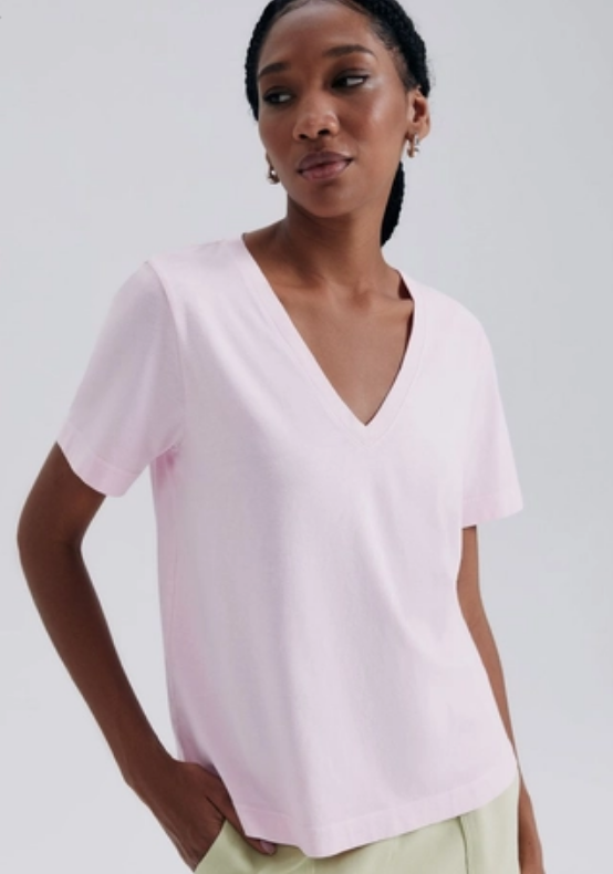 Blusa Manga Curta Hering Estonada Decote V Feminina - Rosa