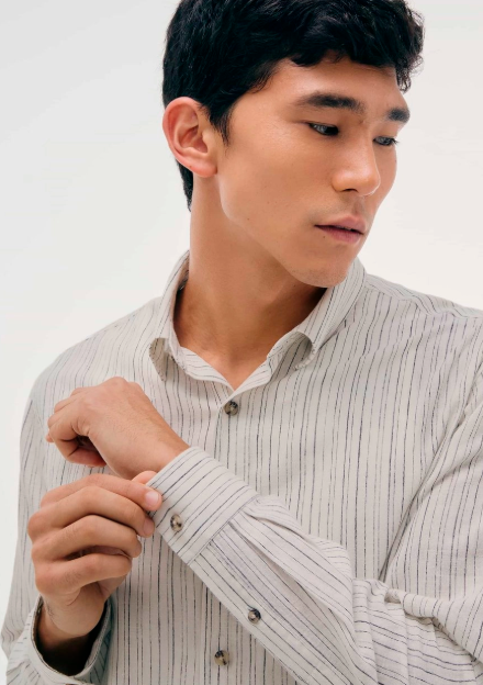 Camisa Hering Manga Longa Em linho Listrada Masculina - Bege