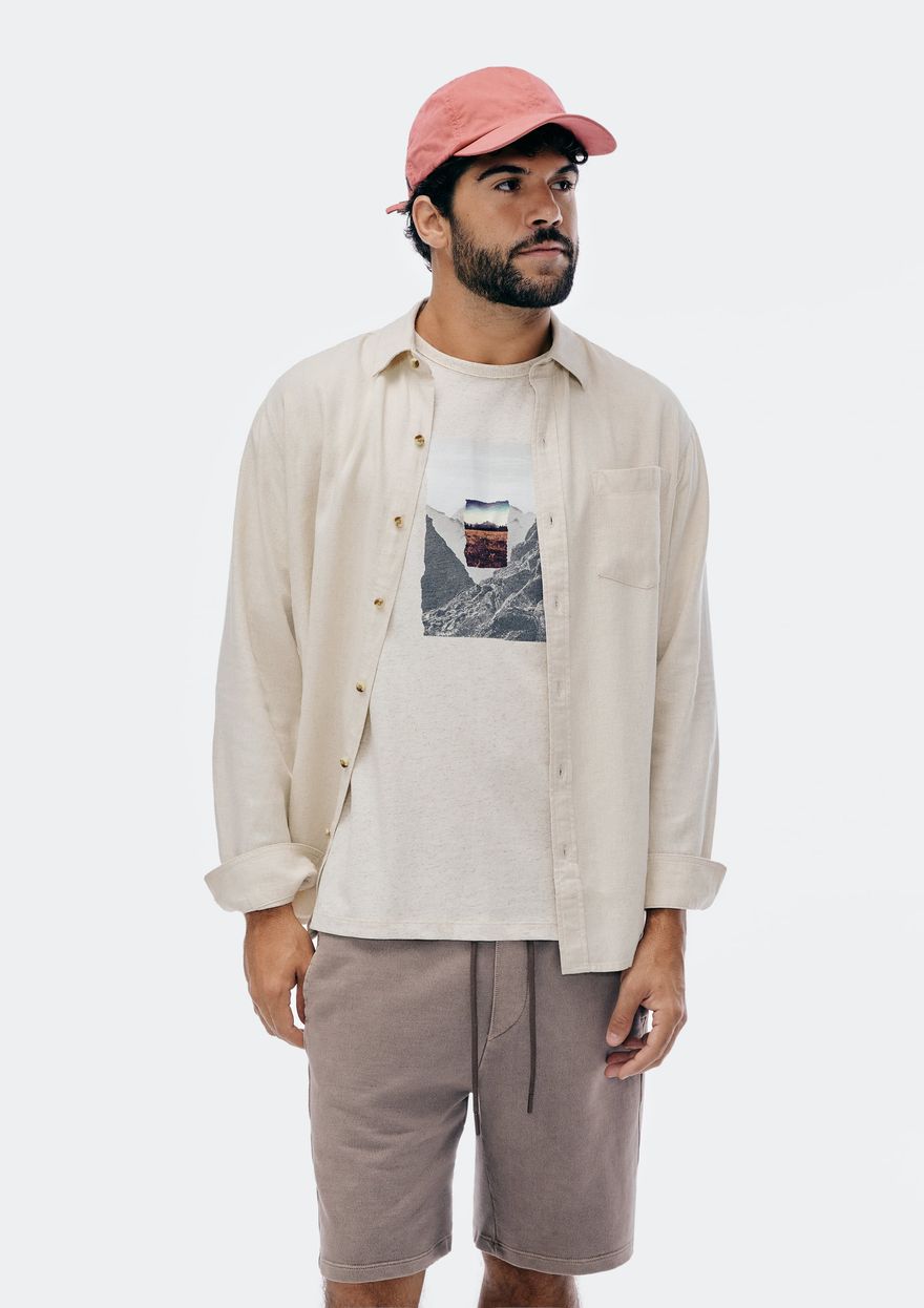 Camisa Hering Manga Longa Em Linho Masculina - Bege