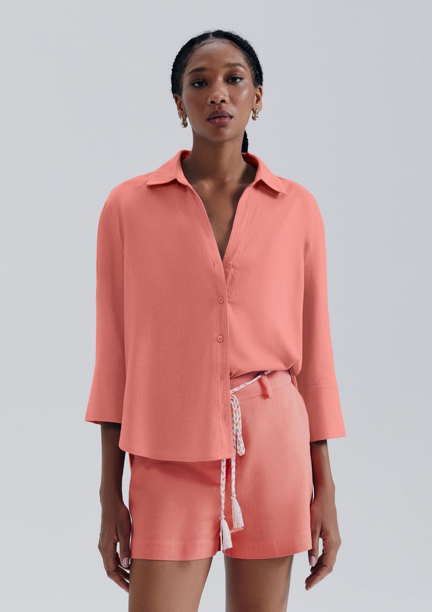 Camisa Feminina Hering Manga Com Linho - Salmão