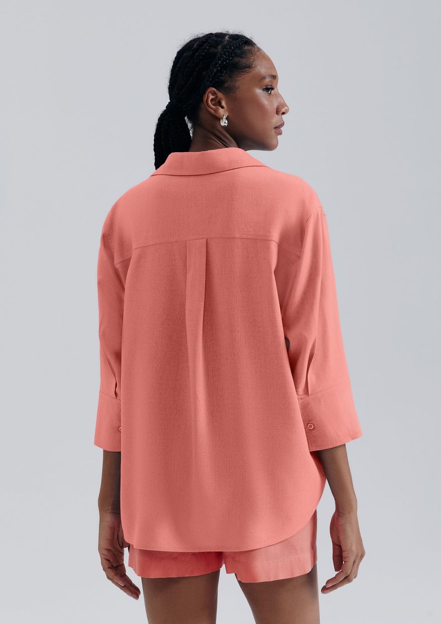 Camisa Feminina Hering Manga Com Linho - Salmão