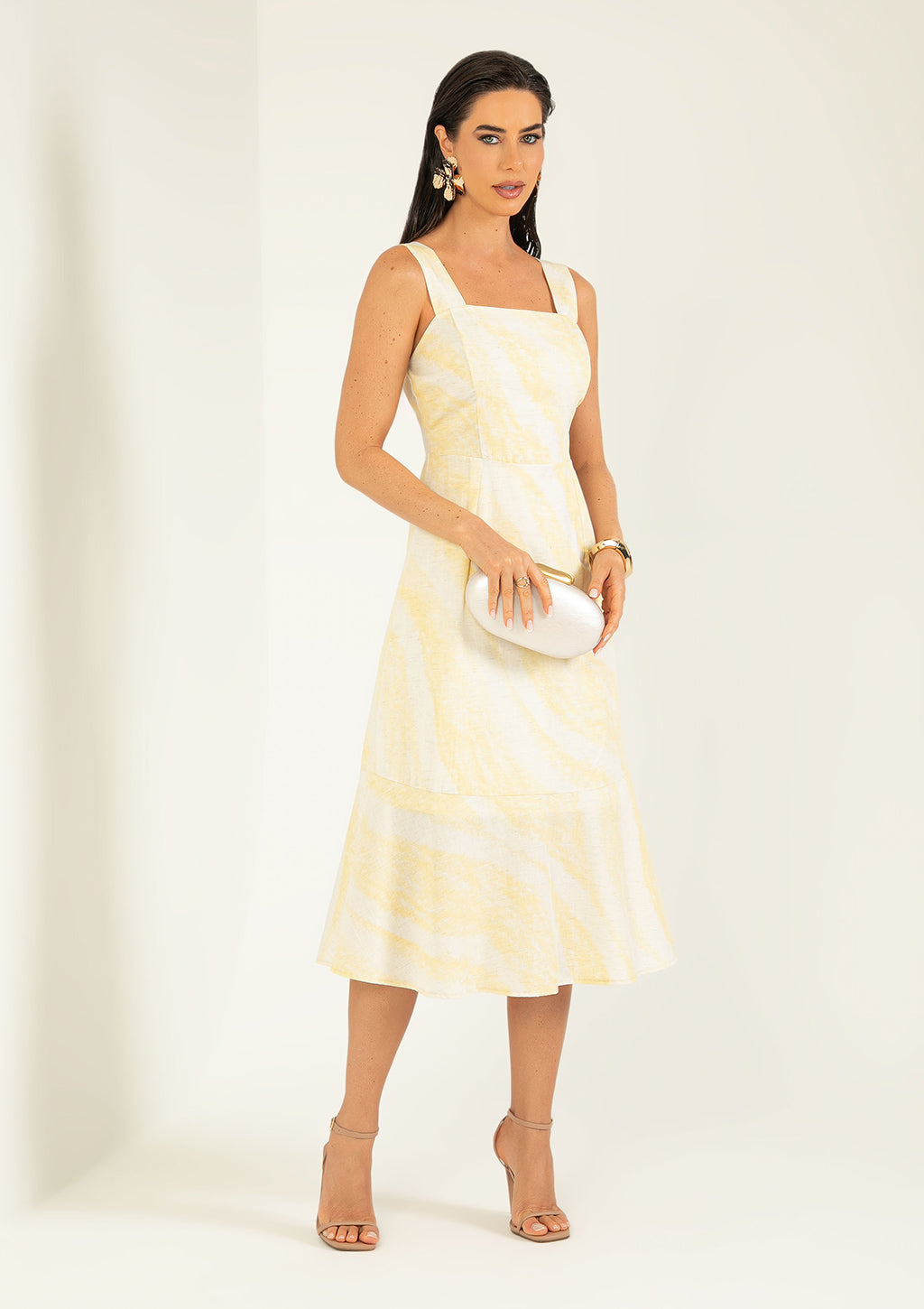 Vestido Midi De Alça Estampado Cativa Gris Feminino