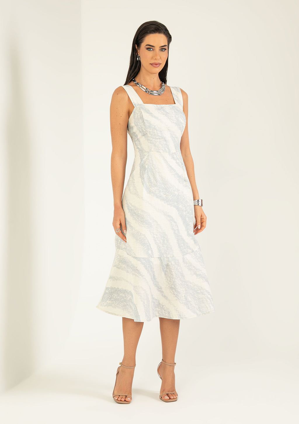 Vestido Midi De Alça Estampado Cativa Gris Feminino