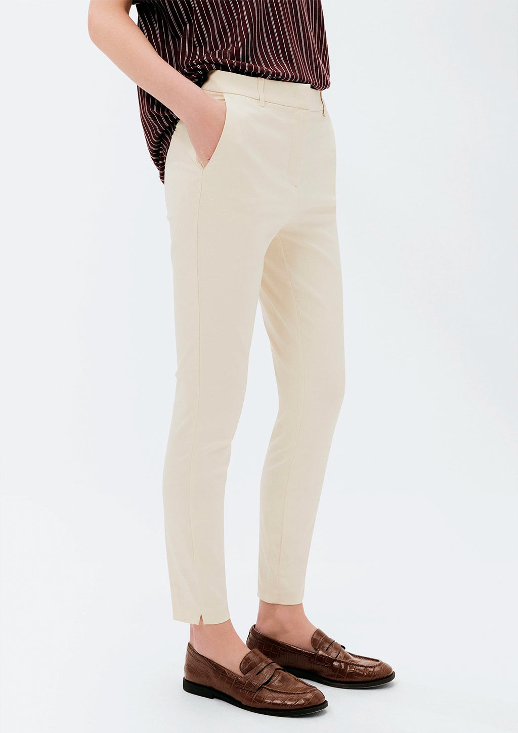 Calça Cintura Média Hering Em Alfaiataria Feminina - Creme