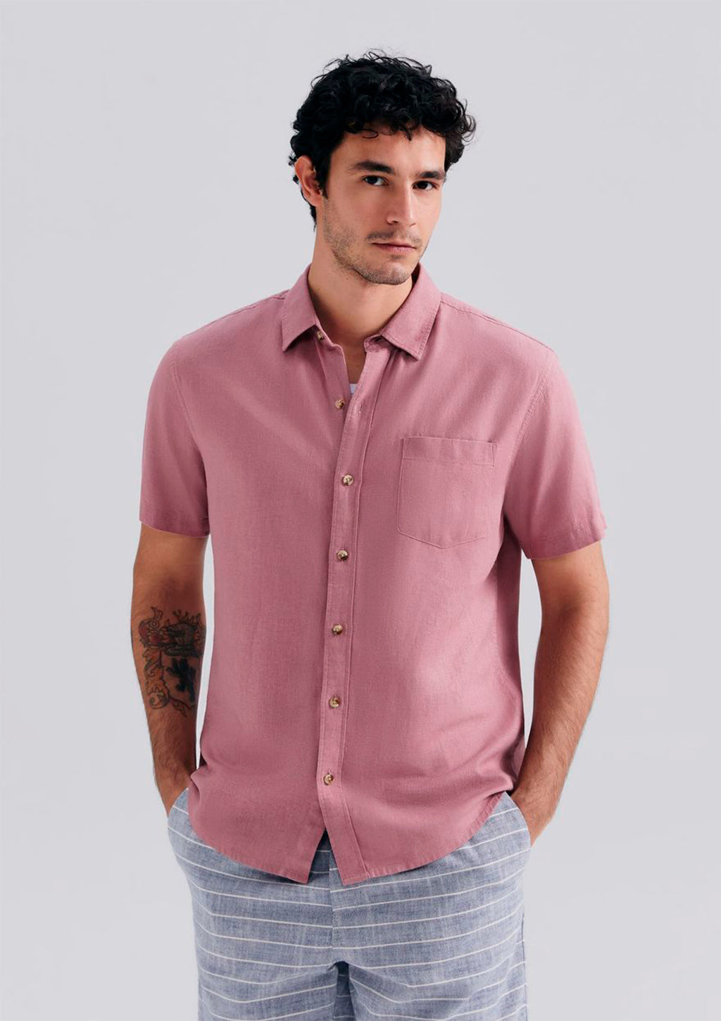 Camisa Manga Curta Slim Hering Em Linho Masculina - Rosa Antigo
