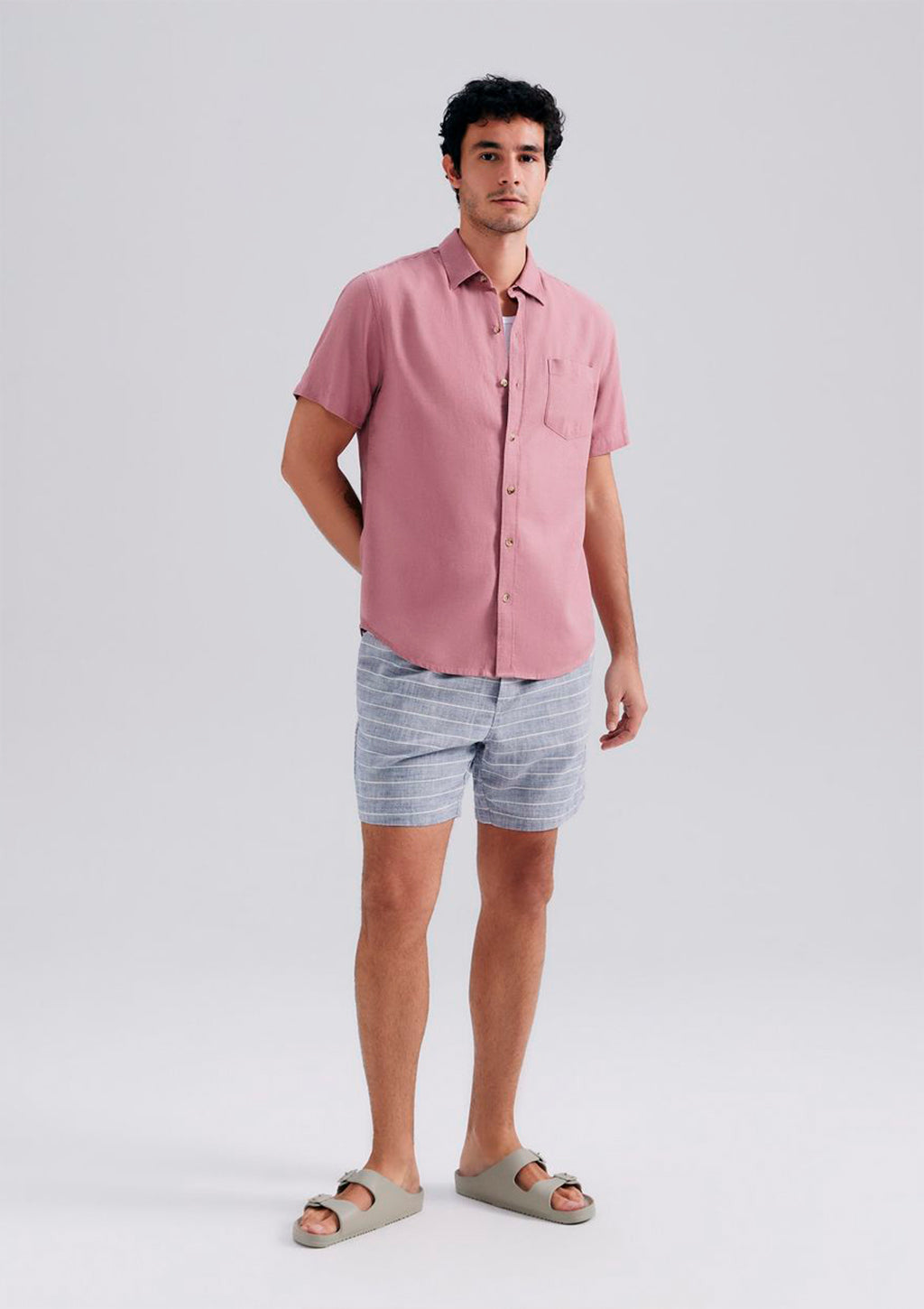 Camisa Manga Curta Slim Hering Em Linho Masculina - Rosa Antigo