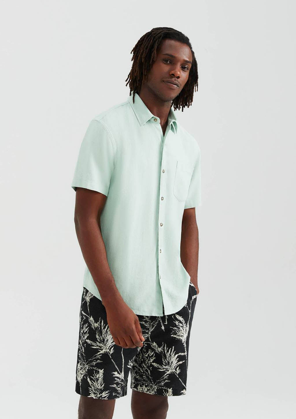 Camisa Manga Curta Masculina Slim Com Linho Hering - Verde Menta