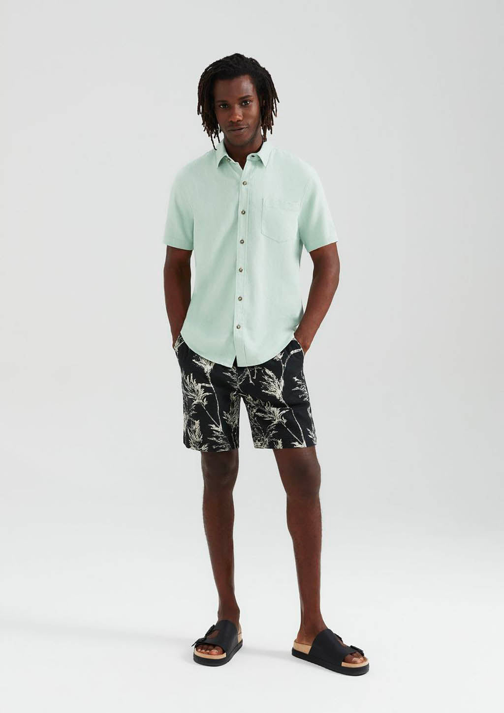 Camisa Manga Curta Masculina Slim Com Linho Hering - Verde Menta