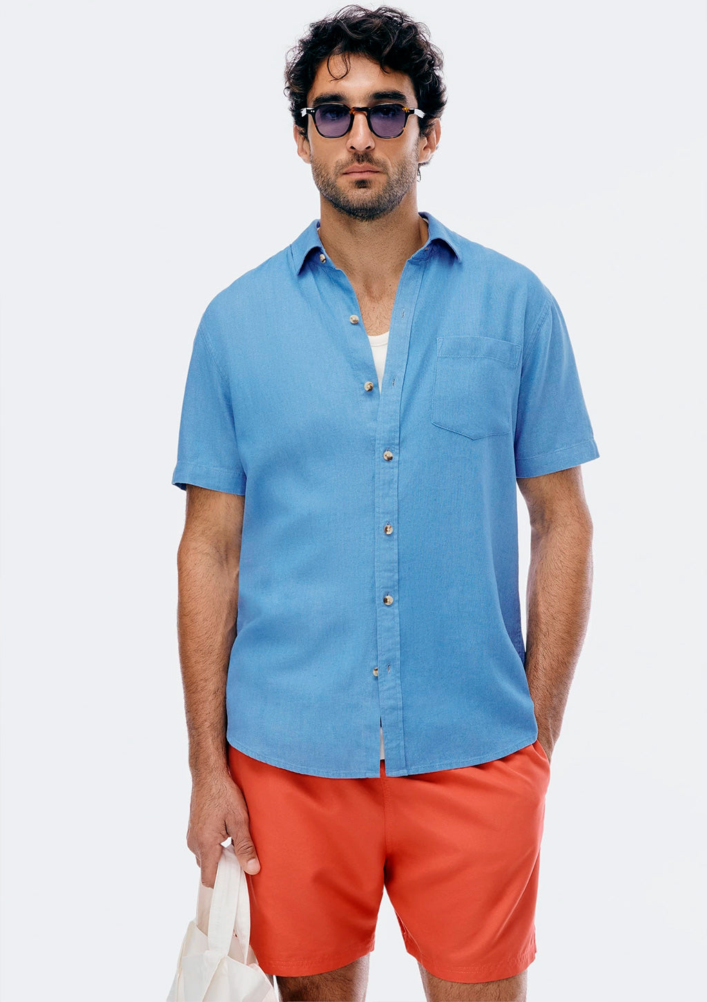 Camisa Slim Manga Curta Hering Em Linho Masculina - Azul