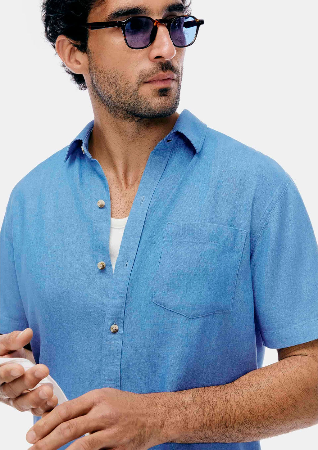 Camisa Slim Manga Curta Hering Em Linho Masculina - Azul