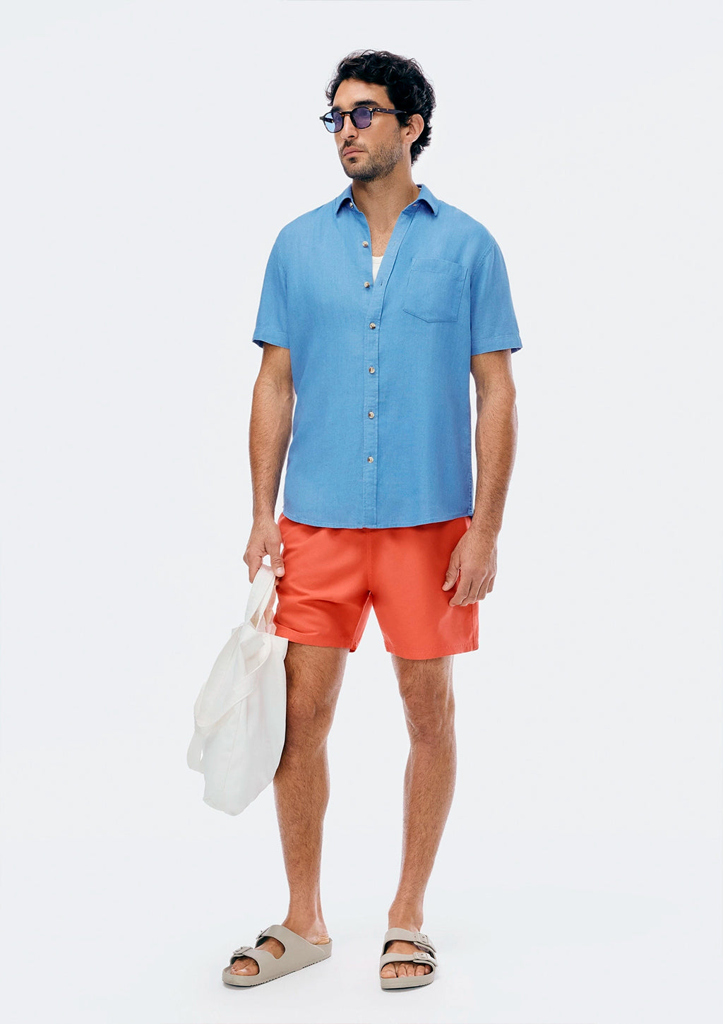Camisa Slim Manga Curta Hering Em Linho Masculina - Azul