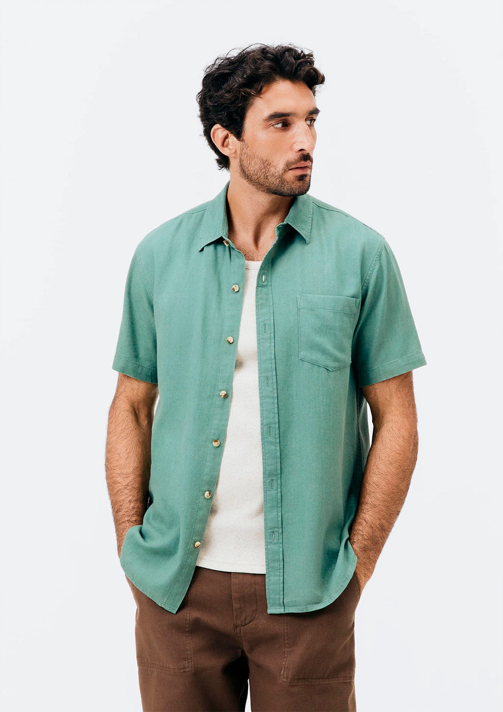 Camisa Manga Curta Hering Slim Em Linho Masculina - Verde