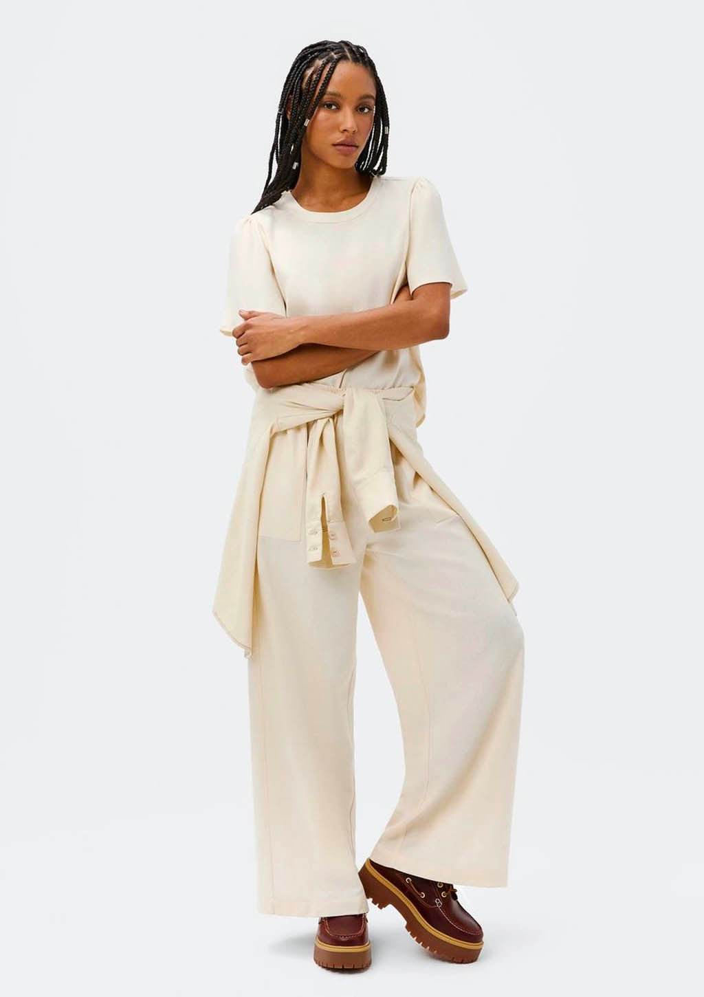 Calça Reta Cintura Alta  Feminina Com Linho Hering - Off-White
