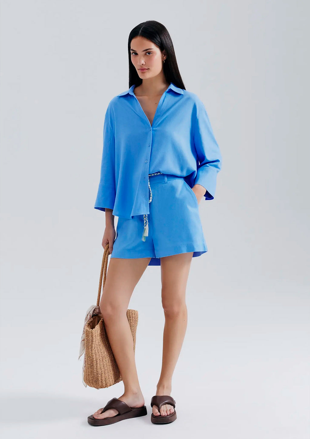 Shorts Alfaiataria Com Linho Hering Feminino - Azul