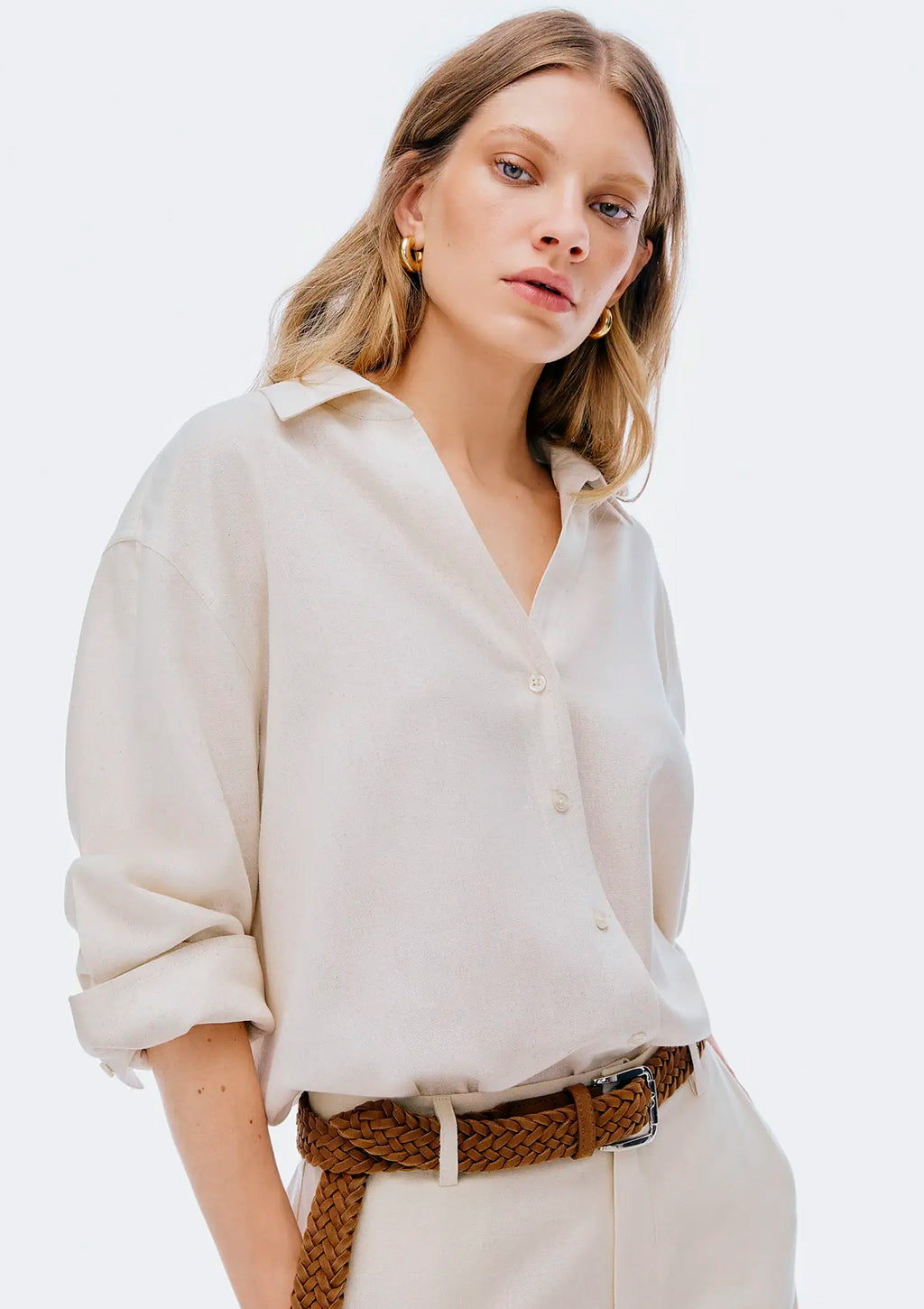 Camisa Manga 7/8 Hering Com Linho Feminina - Bege
