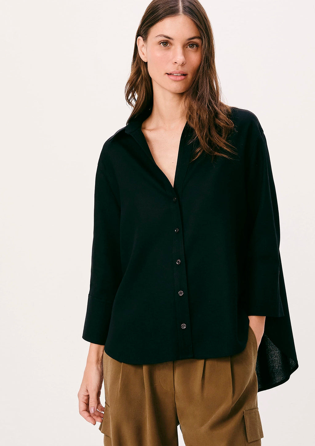 Camisa Manga 7/8 Hering Com Linho Feminina - Preto