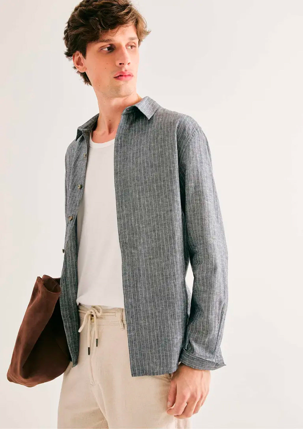 Camisa Manga Longa Listrada Hering Em Linho Masculino - Cinza