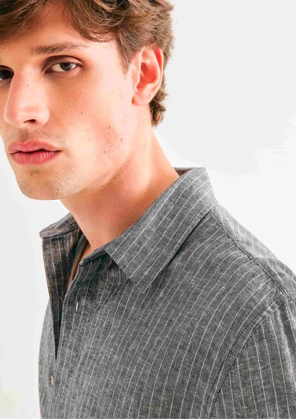 Camisa Manga Longa Listrada Hering Em Linho Masculino - Cinza