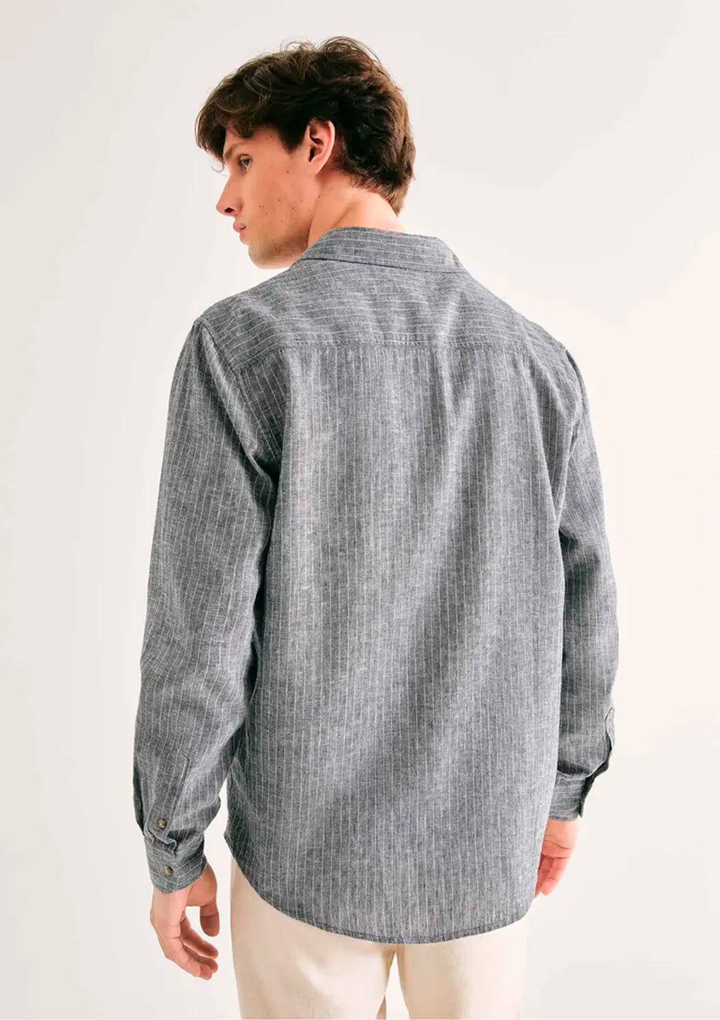 Camisa Manga Longa Listrada Hering Em Linho Masculino - Cinza
