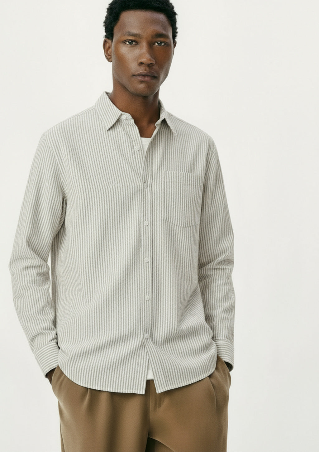 Camisa Básica Hering Listrada Manga Longa Masculina - Branca