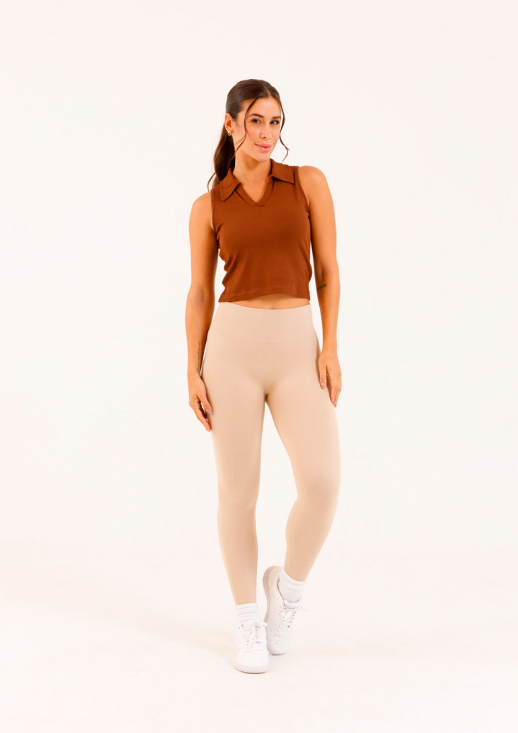 Calça Legging Linha Leve Sem Costura Em Tecido Canelado Feminina - Areia