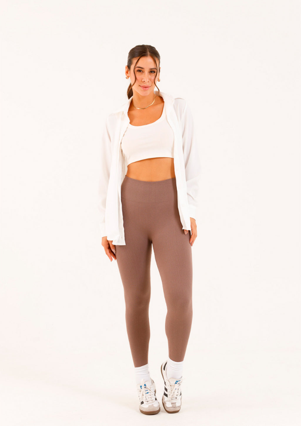Calça Legging Linha Leve Sem Costura Em Tecido Canelado Feminina - Marrom