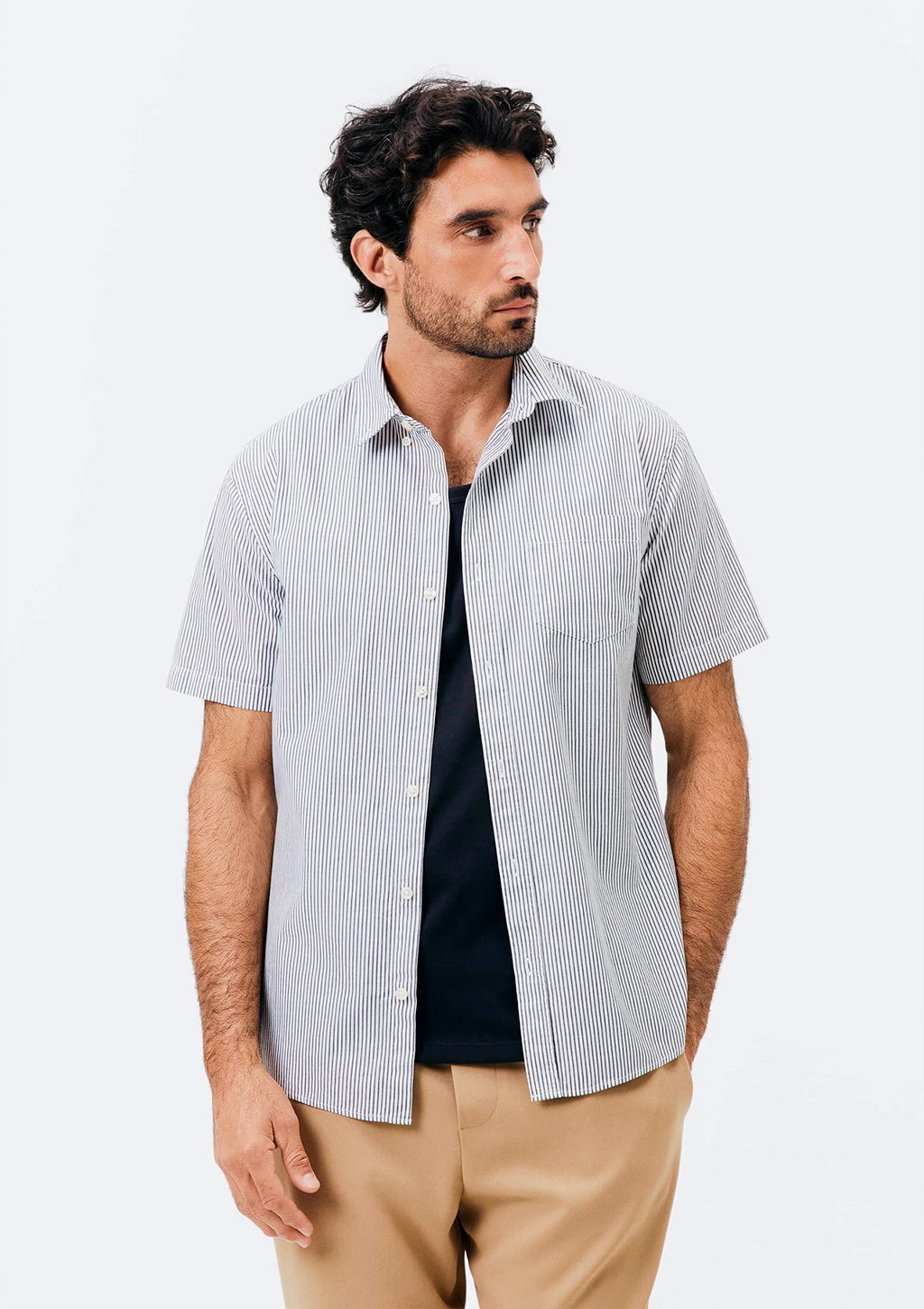 Camisa Manga Curta Hering Slim Listrada Masculina - Cinza/Branco