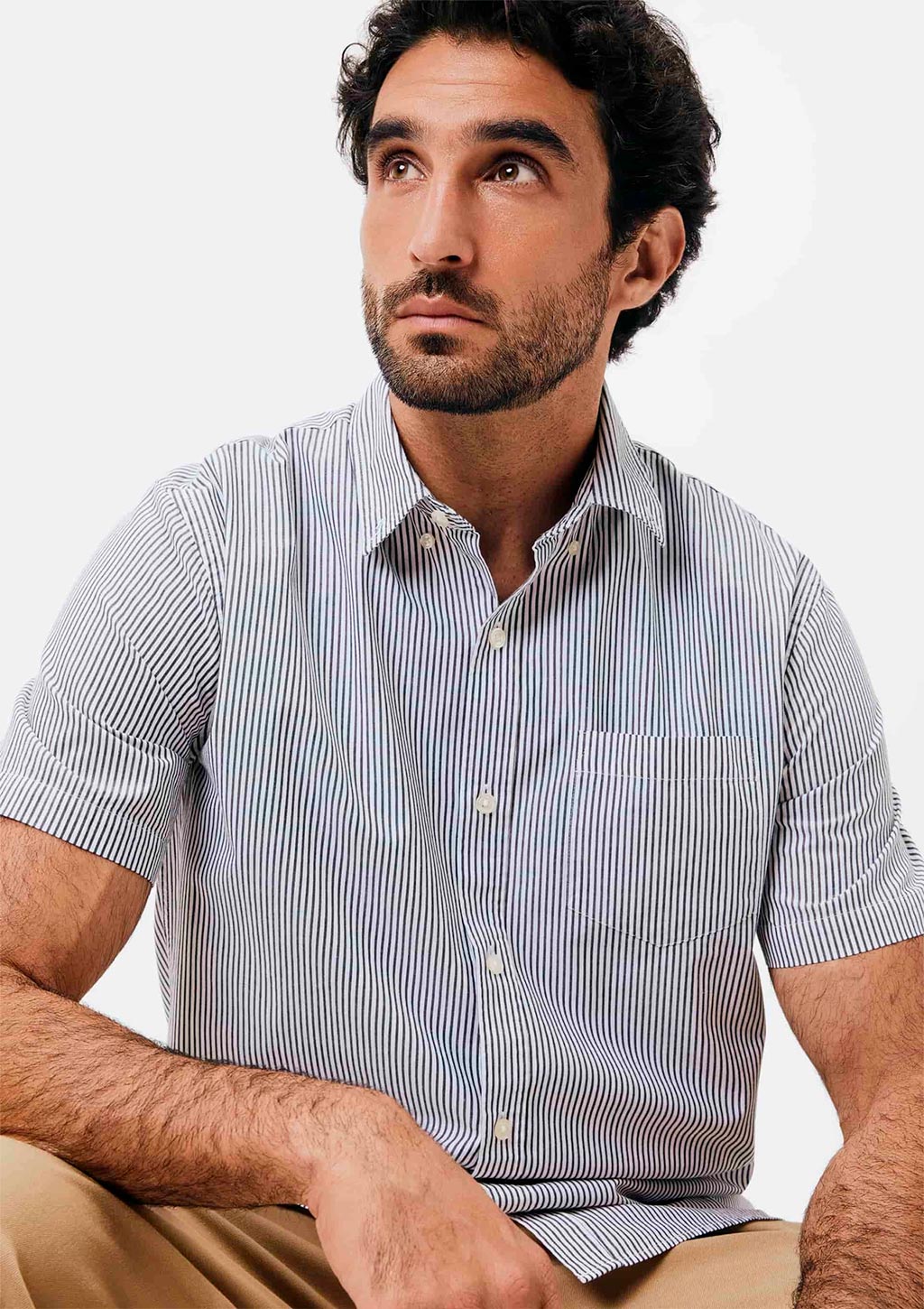 Camisa Manga Curta Hering Slim Listrada Masculina - Cinza/Branco