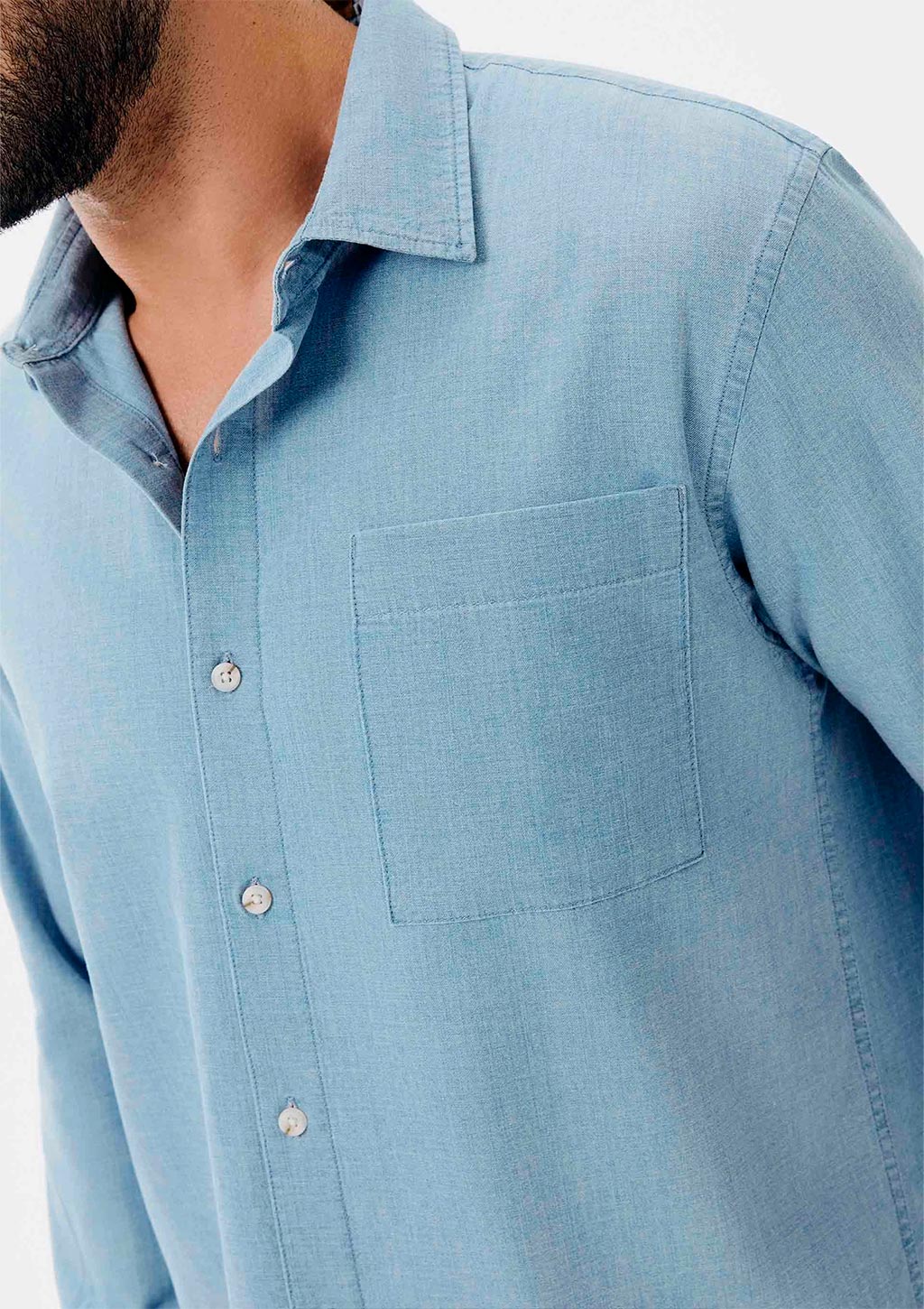 Camisa Manga Longa Hering Regular Em Jeans Com Bolso Frontal Masculina - Azul