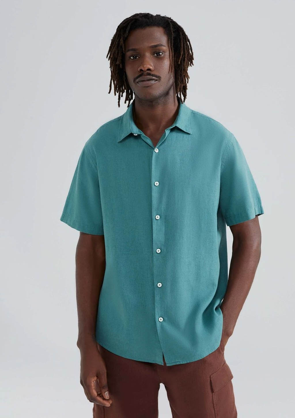 Camisa Manga Curta Slim Masculina Com Linho Hering - Verde