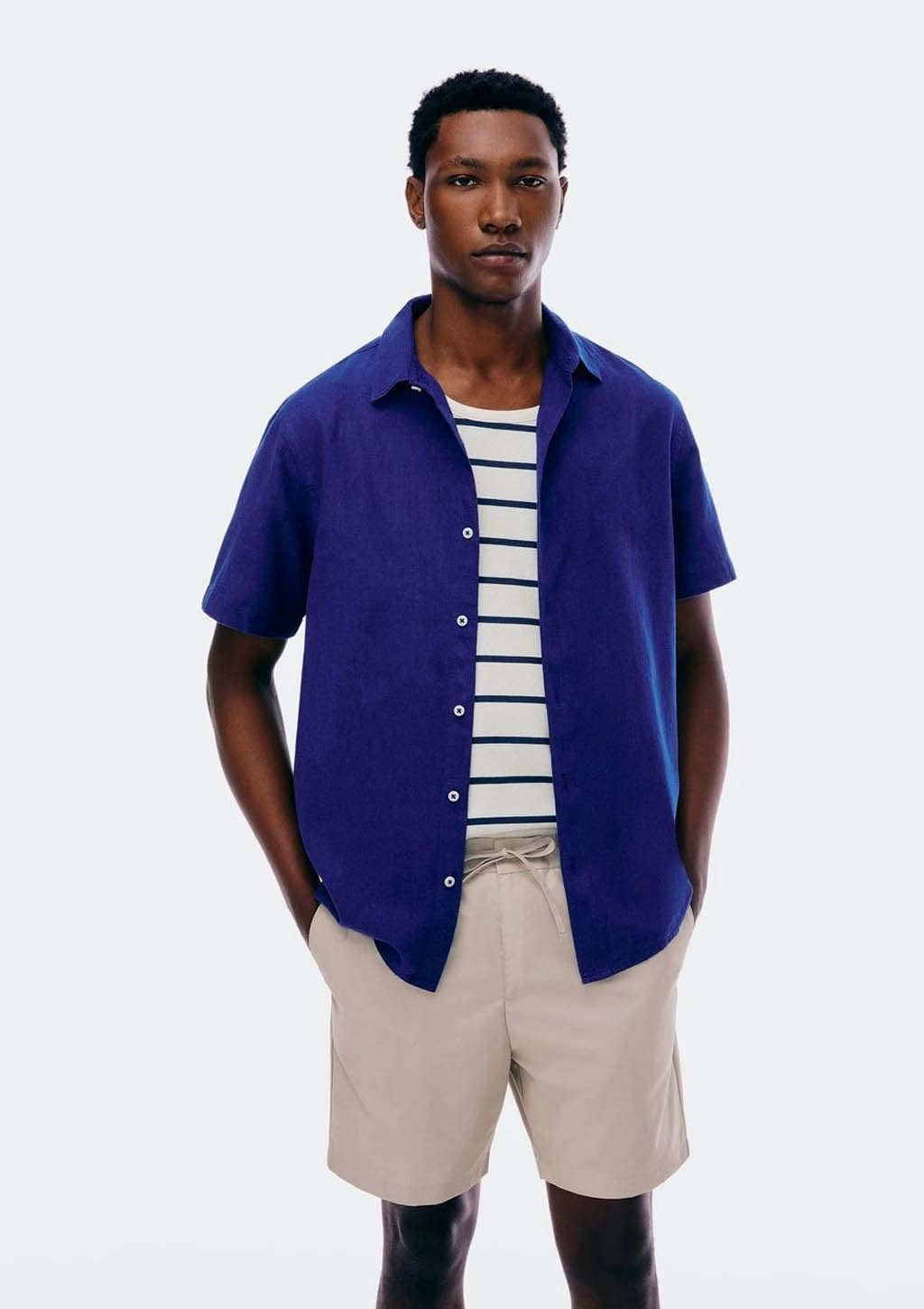 Camisa Manga Curta Slim Masculina Com Linho Hering - Azul