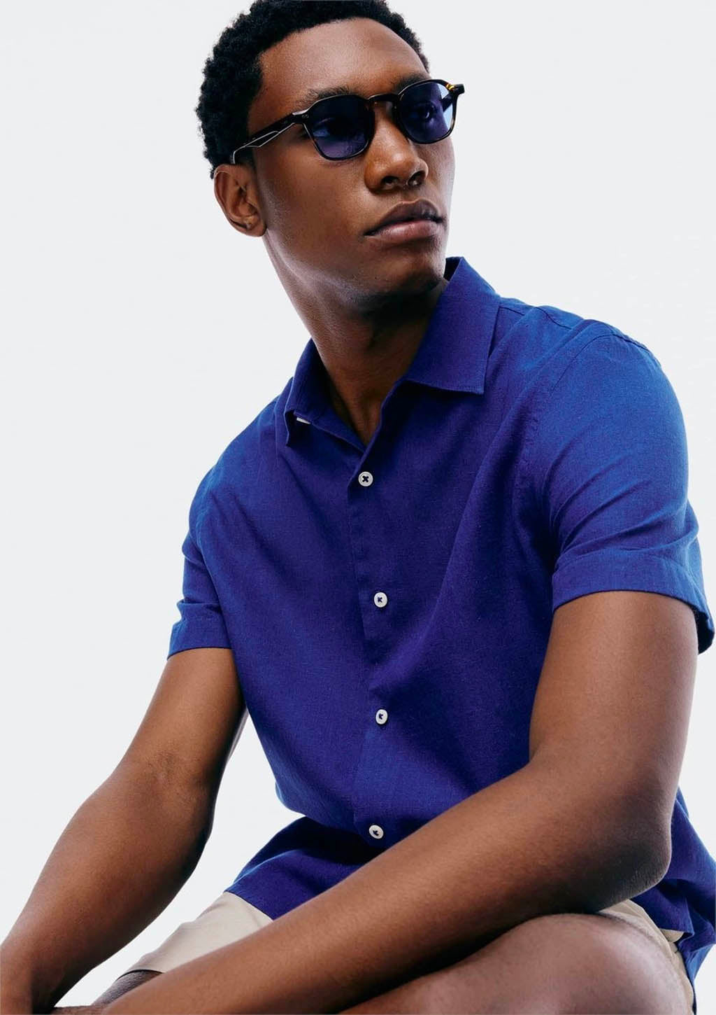 Camisa Manga Curta Slim Masculina Com Linho Hering - Azul