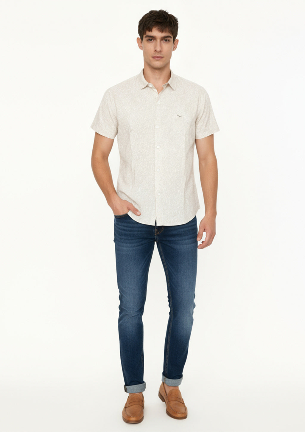 Camisa Manga Curta Yacht Master Slim Fit Estampada Masculina - Areia