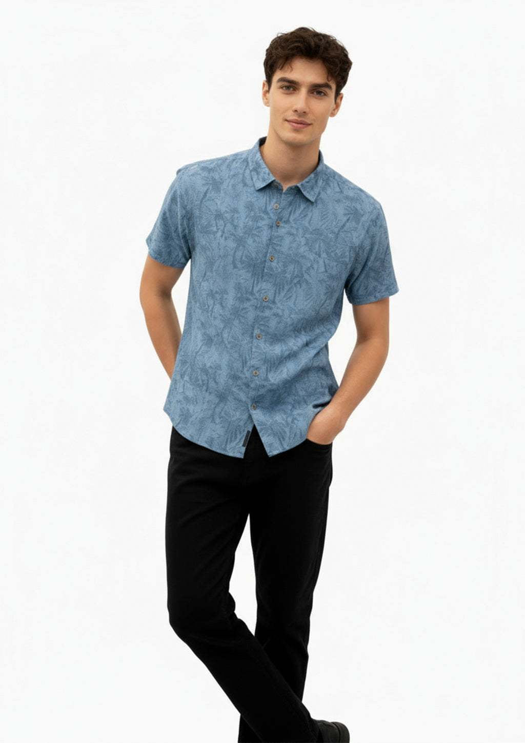Camisa Manga Curta Yacht Master Slim Fit Estampada Masculina - Azul Escuro