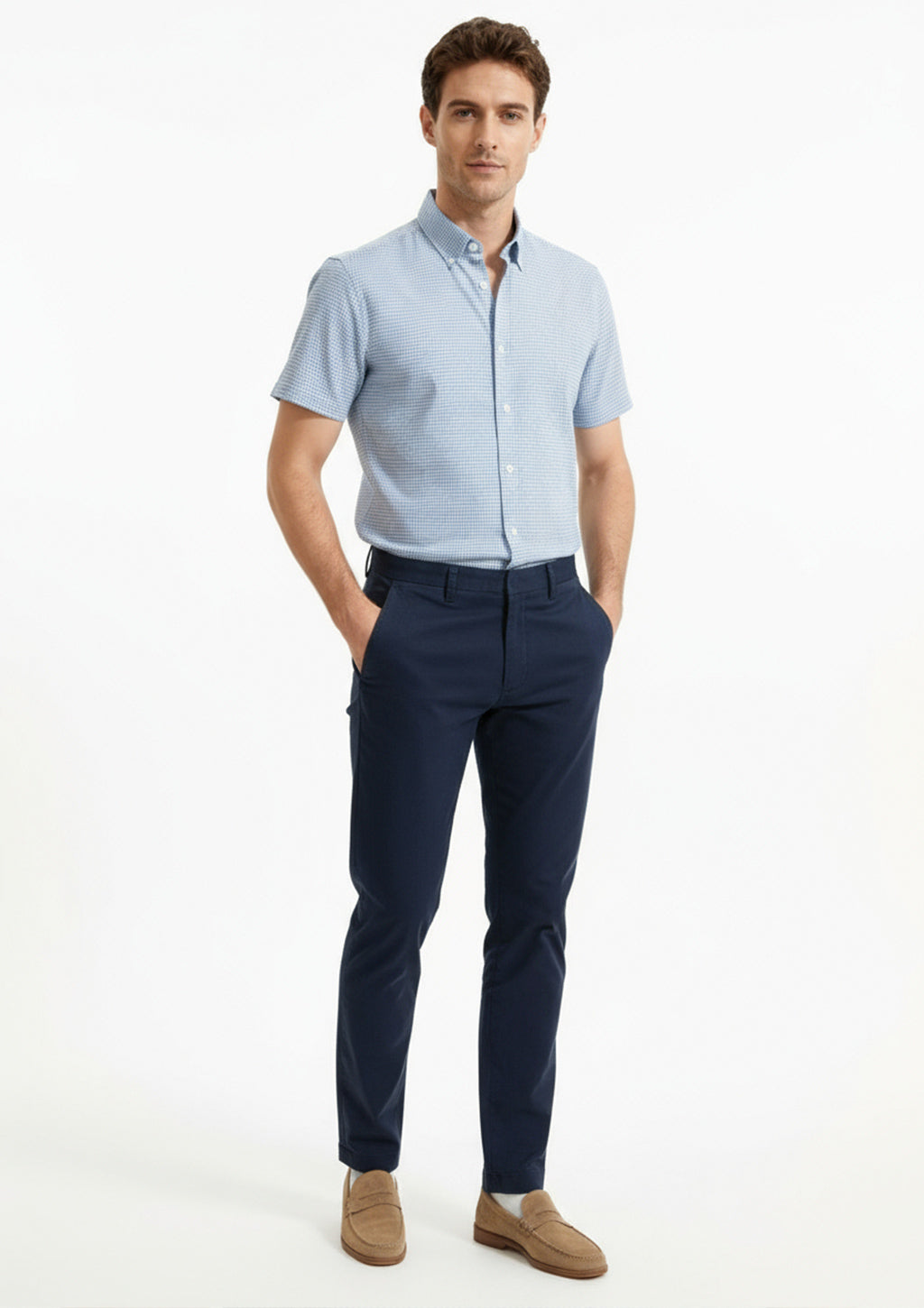 Camisa Manga Curta Yacht Master Slim Fit Xadrez Masculina - Azul