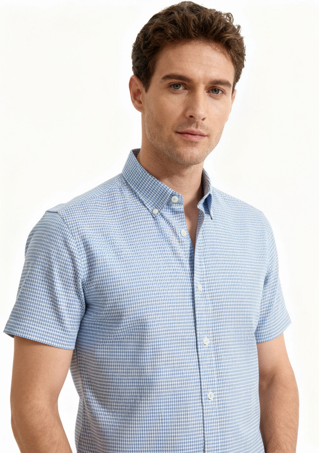 Camisa Manga Curta Yacht Master Slim Fit Xadrez Masculina - Azul