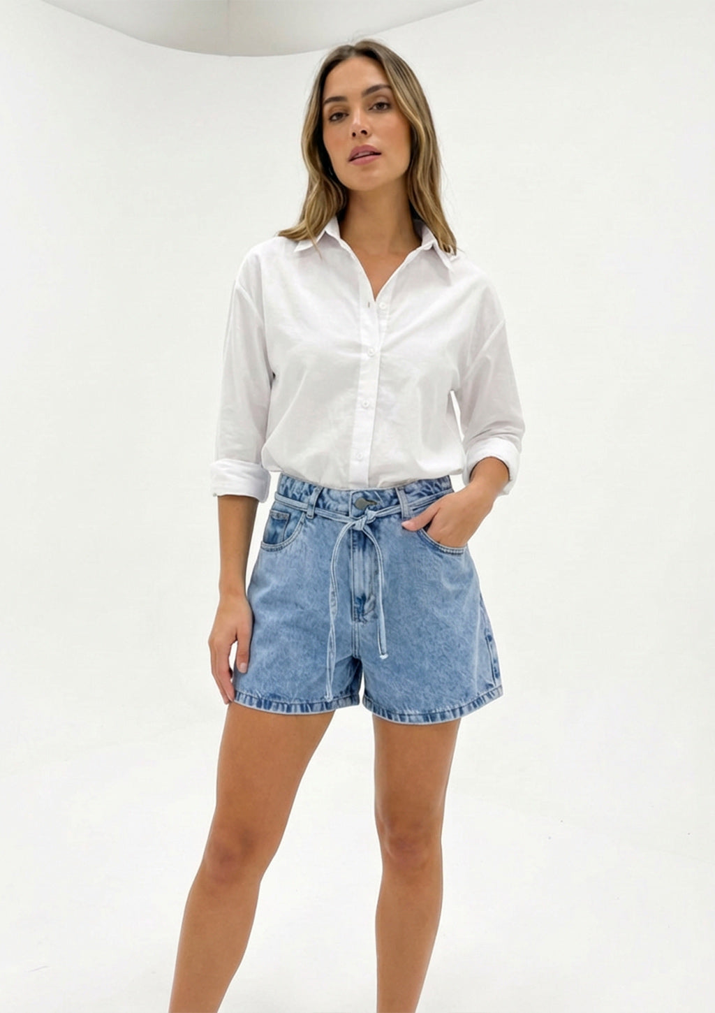 Shorts Jeans Shop 5 Denim Com Cordão Feminino - Azul Lavagem Clara