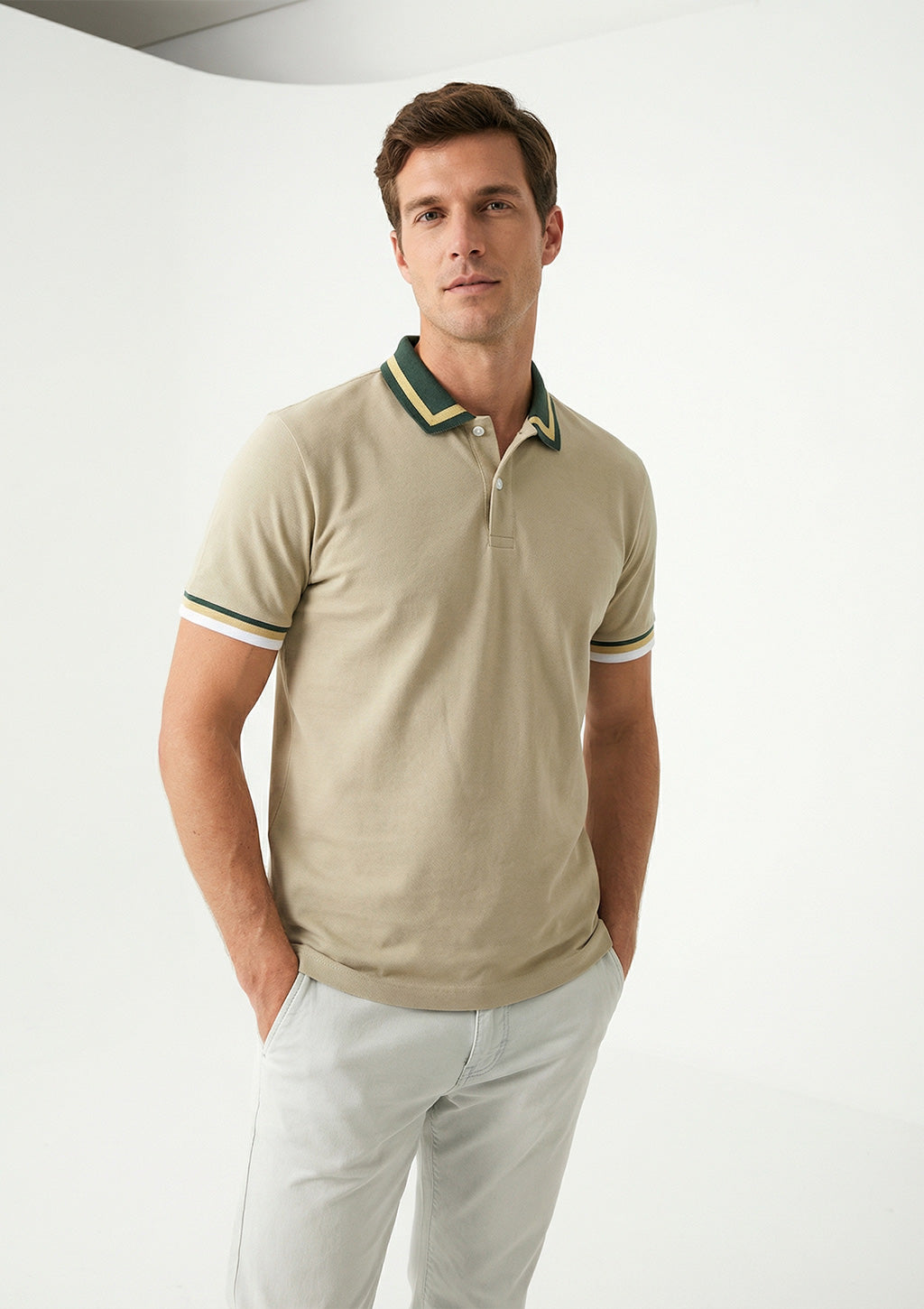 Camisa Polo Manga Curta Vokel Listra Na Gola Bicolor Masculina