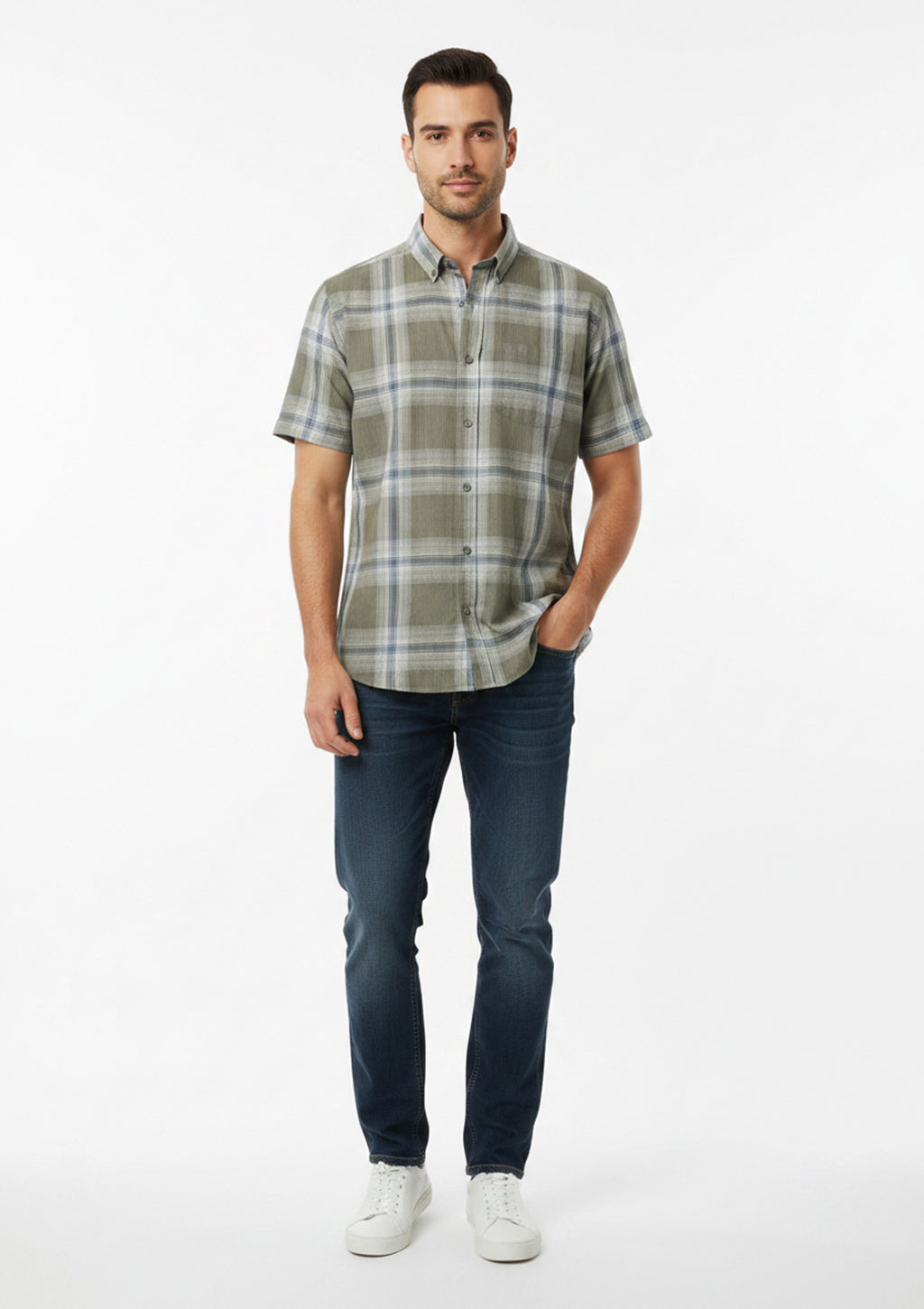 Camisa Manga Curta Xadrez Wrangler Tricoline Masculina - Verde Alecrim