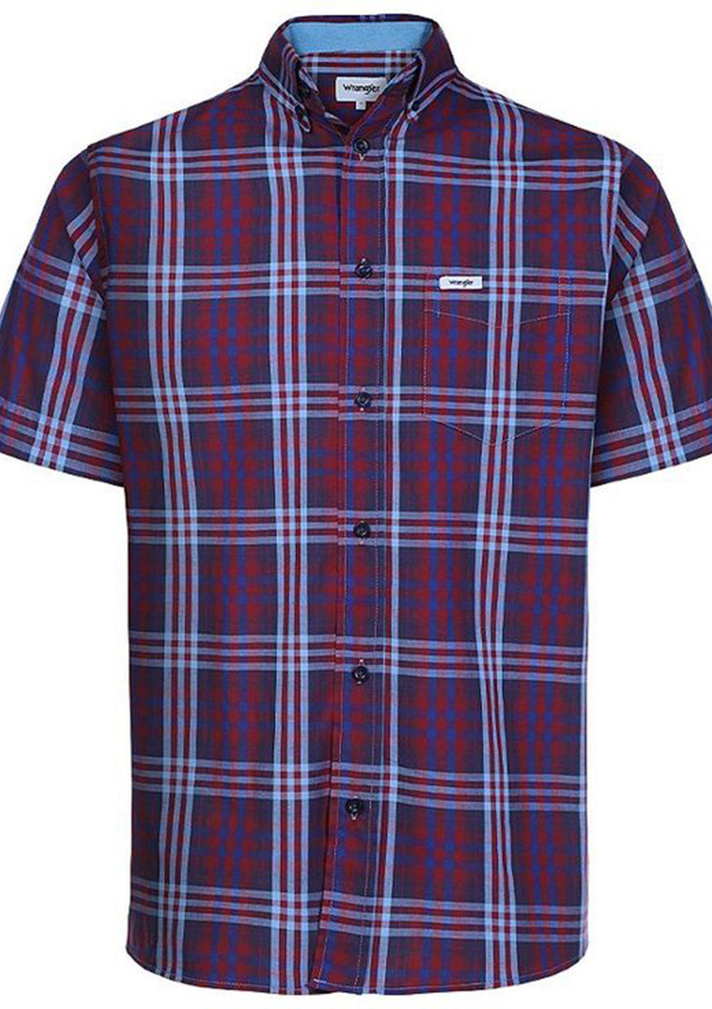 Camisa Manga Curta Xadrez Wrangler Tricoline Masculina - Azul E Vermelho