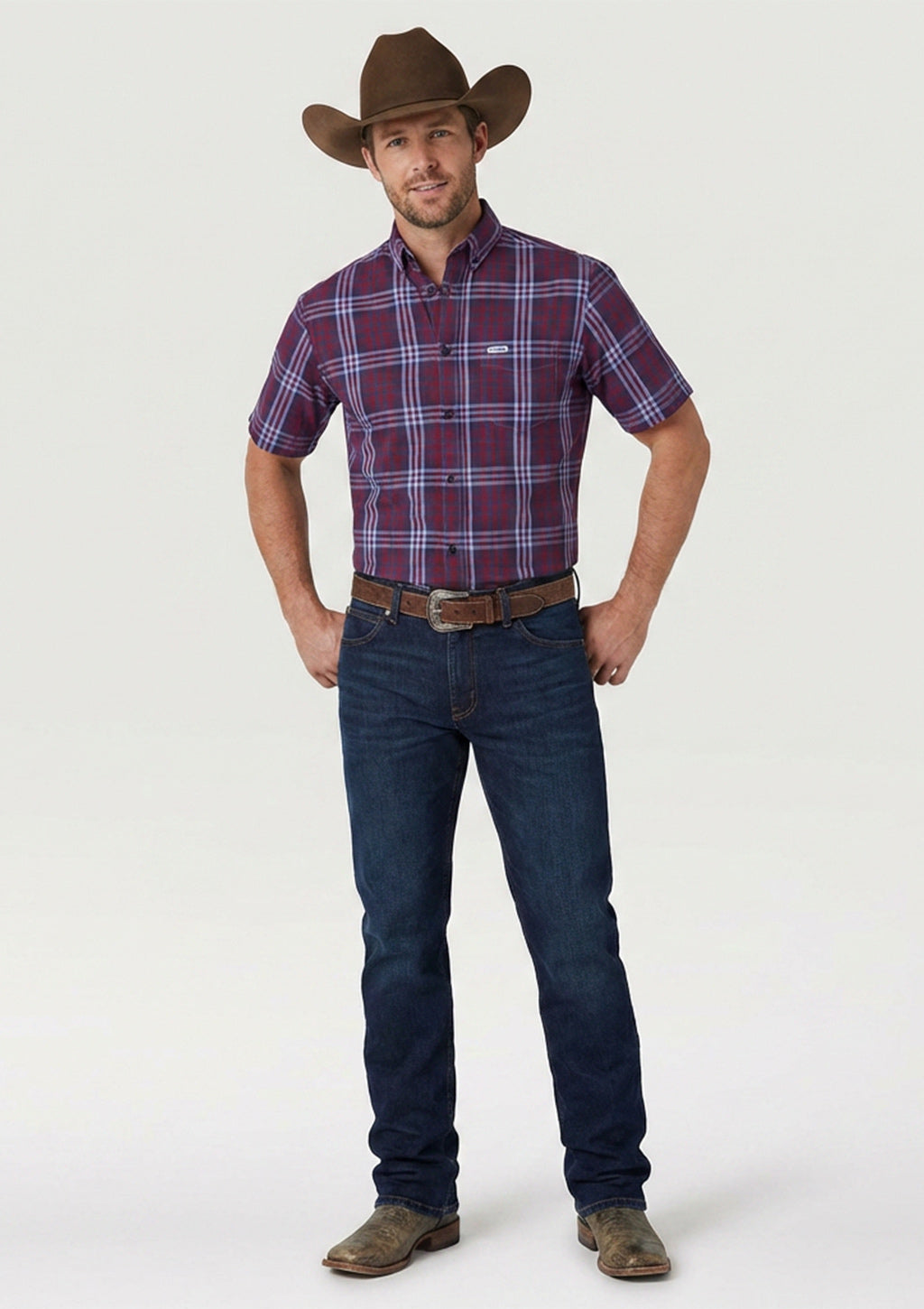 Camisa Manga Curta Xadrez Wrangler Tricoline Masculina - Azul E Vermelho