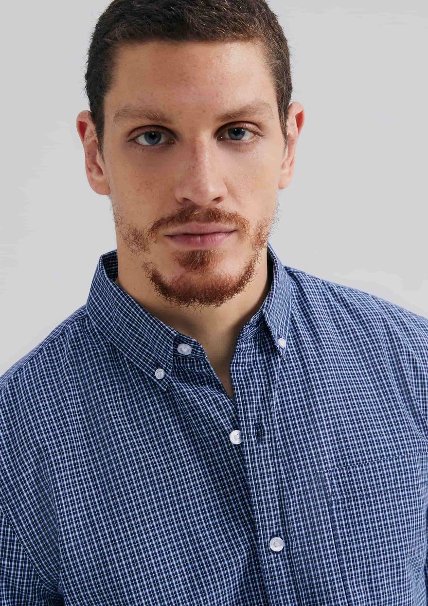 Camisa Básica Hering Manga Longa Slim Xadrez Masculina - Azul