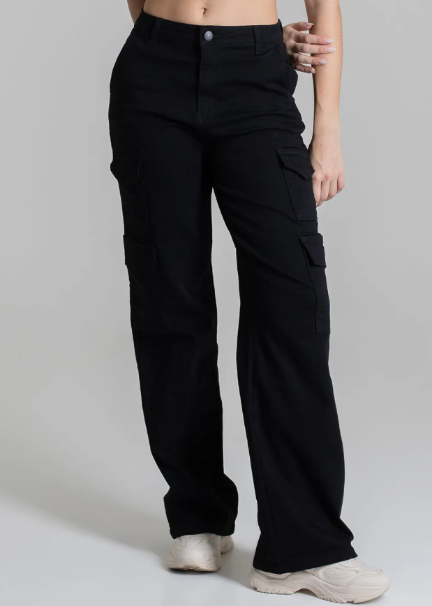 Calça Sarja Sawary Wide Leg- Black