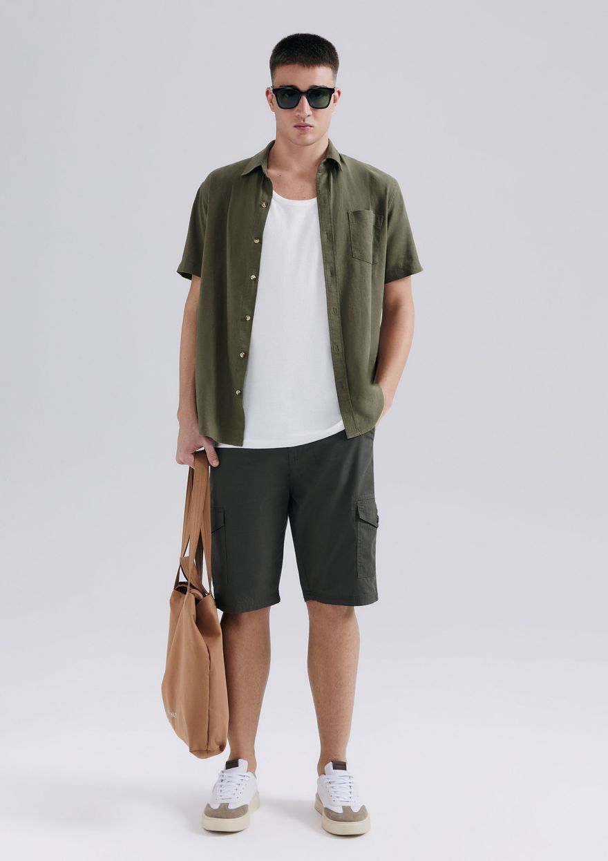 Camisa Básica Hering Manga Curta Slim Em Linho Masculina Verde