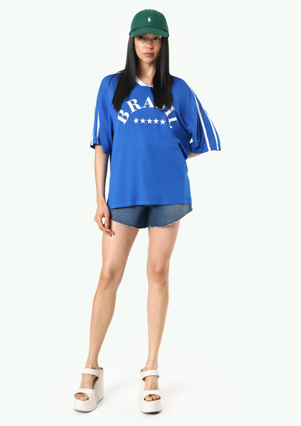 Camiseta Manga Curta Oversized Copa do Mundo Azul Brasil Feminina Slywear