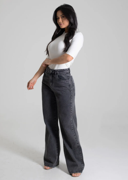 Calça Jeans Wide Leg Sawary  Feminina - Black
