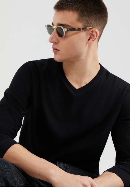 Camiseta Básica Hering Manga Longa Gola V World Masculina - Preto