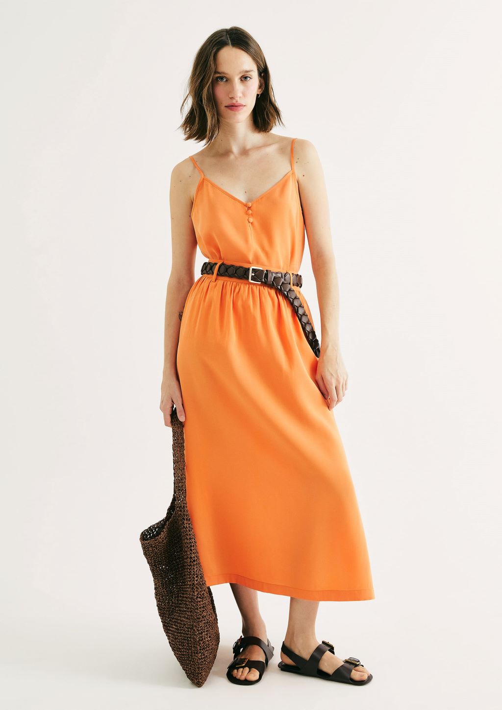 Saia Midi Cintura Média em Peach Touch Feminino Hering - Laranja