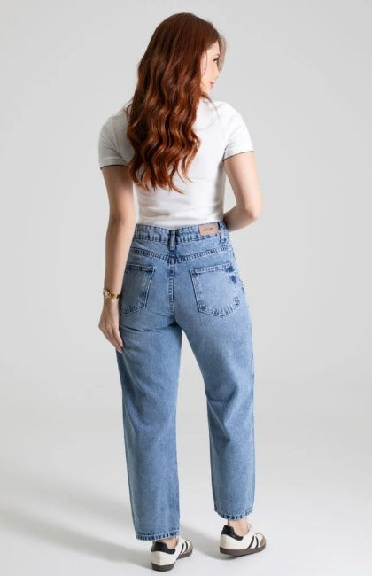 Calça Sawary Jeans Barrel  Feminina -  Azul